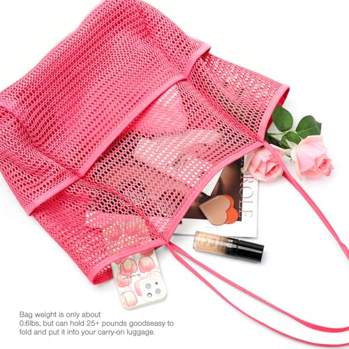 KPX Beach Bag with Mini Pocket, Summer Beach Tote Bags for Women Large Foldable Mesh Swimming Pool Travel Bags - Sandproof - color: Rose