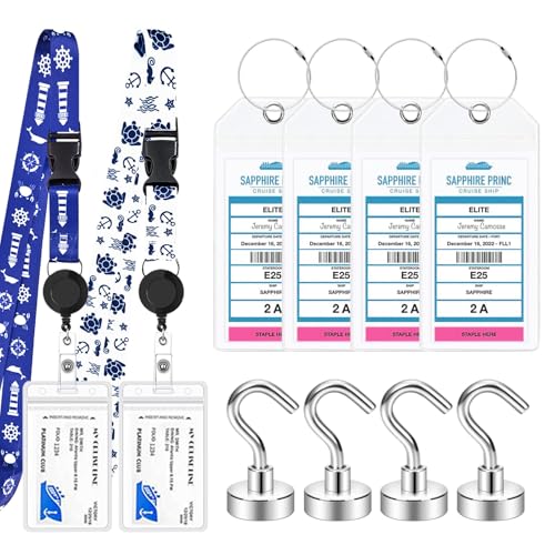 4 Cruise Luggage Tags Holder with Zip Seal and Steel Loops + 2 Detachable Cruise Lanyard with ID Holder Badge + 4 Magnetic Hooks for Cruise Cabins, Carnival Cruise Ship Essentials 2026 Must Have