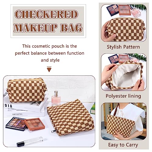 ZLFSRQ 2Pcs Checkered Makeup Bag for Women Large Small Checkered Cosmetic Bag Set Aesthetic Preppy Pencil Case Cute Pencil Pouch Brown Makeup Pouch for Purse Travel Toiletry Bags Zipper Skincare Bags - color: B-Checkered 2Pcs Mix Brown