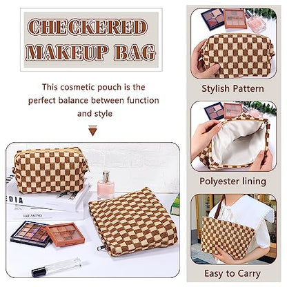 ZLFSRQ 2Pcs Checkered Makeup Bag for Women Large Small Checkered Cosmetic Bag Set Aesthetic Preppy Pencil Case Cute Pencil Pouch Brown Makeup Pouch for Purse Travel Toiletry Bags Zipper Skincare Bags - color: B-Checkered 2Pcs Mix Brown