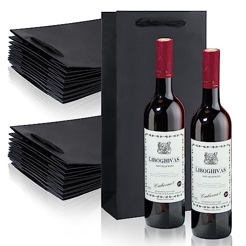 Yeaqee 50 Pack Wine Bags for Wine Double Bottles Gifts Carriers 6.6x3.6x13.8 Craft Bottle Bags Bulk with Handles Paper Tumbler Carriers, Party Gift Pocket with Handle(Black) - color: Black