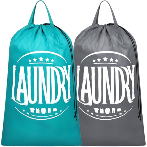 F-color Travel Laundry Bags 2 Pack - Cruise Essentials 2025 Large Dirty Clothes Organizer with Drawstring Closure & Handles for Travel Cabin Camp and College Dorm Essentials, Blue +Grey - color: With Handles, 2 Pack, Blue+Grey