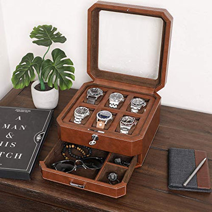Gift Set 6 Slot Leather Watch Box with Valet Drawer - Luxury Watch Case Display Organizer, Microsuede Liner, Locking Jewelry Box, Mens Storage Boxes Holder Large Glass Top (Tan/Brown Gift Set) - color: 6 Slot - Tan/Brown Gift Set