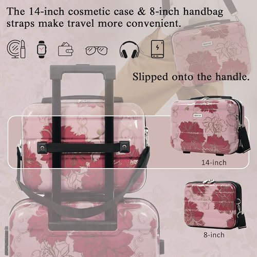 Merax Luggage Set,5 Piece Luggage with Handbag and Cosmetic Case,Harside Printing Suitcase with Wheels,Carry on Luggage Airline Approved(Purple Pink Flower,8/14/20/24/28) - color: Purple Pink Flower, style: 8/14/20/24/28