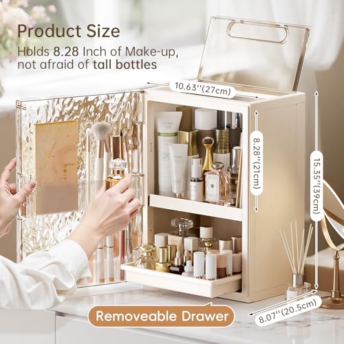 HAIXIN Makeup Organizer with Drawer & Brush Holder, Plastic Cosmetic Display Cases, Large Vanity Organizer Countertop Waterproof for Skincare, Perfume, Bathroom & Dresser (White & Amber) - color: White & Amber