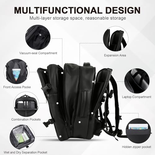 Vacuum Seal Backpack Travel with Pump, Expandable Vacuum Backpack with Air Compression System, Airback Vacpack TSA Lock Water Resistant Carry-On Luggage (Black) - color: Black