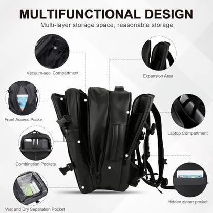 Vacuum Seal Backpack Travel with Pump, Expandable Vacuum Backpack with Air Compression System, Airback Vacpack TSA Lock Water Resistant Carry-On Luggage (Black) - color: Black