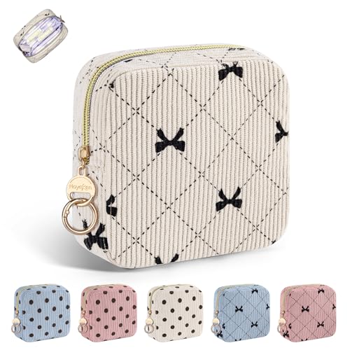 Period Bag for Teen Girls, Corduroy Cute Sanitary Napkin Storage Bag, Menstrual Pad Pouches Tampon Holder for Purse (Beige-Bow Tie) - color: Bow Tie-beige