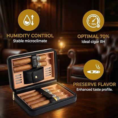 Travel Cigar Humidor Case Cigar Cutter and Lighter Set Cedar Wood Lined PU Leather Cigar Travel Case V Cut Cigar Cutter Cigar Punch Holds 6 Cigars No Butane in Lighter, Minor Works, Black