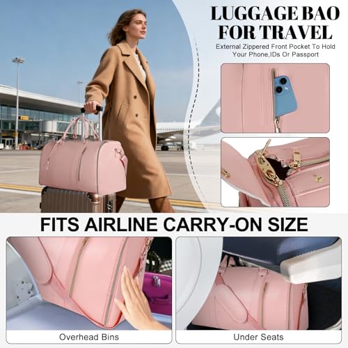 Geestock Garment Duffle Bags for Travel, Convertible Carry On Garment Bag with Shoe Pouch & Shoulder Strap, 2 in 1 Foldable PU Leather Suit Travel Bag for Women & Men, Pink - color: Pink
