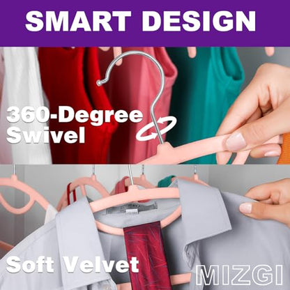 MIZGI Premium Velvet Hangers 50-Pack,No Shoulder Bump Hangers W/Tie Bar Ultra Thin Space Saving Non Slip Hanger Heavy Duty Felt Rounded Clothes Hanger for Sweaters,Coat,Jackets,Pants,Shirts - color: Blush Pink/Rose