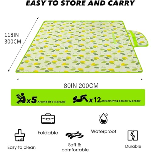 80" x 120" Sandproof Waterproof Picnic Blanket, Beach Mat for Outdoor Camping Hiking Park, Portable with Tote Bag, Non-Stick Sand & Grass, Foldable for Indoor Outdoor Use (Green Leaf)