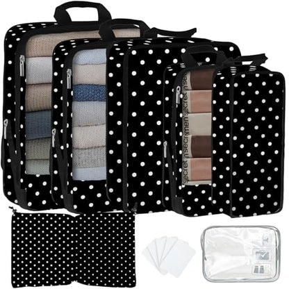 7 Pcs Compression Packing Cubes for Travel, Waterproof Suitcase Luggage Backpack Organizer with Toiletry Bag Travel Essentials for Women/Men-Polka Dots - color: Black-Polka Dots