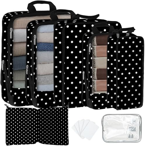 7 Pcs Compression Packing Cubes for Travel, Waterproof Suitcase Luggage Backpack Organizer with Toiletry Bag Travel Essentials for Women/Men-Polka Dots - color: Black-Polka Dots