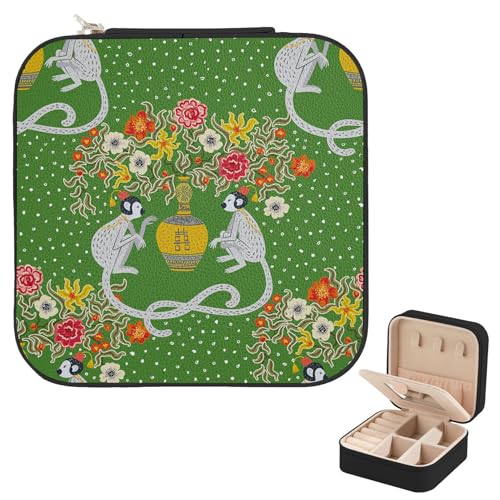 Cute Cats Jewelry Box, Monkeys Green Jewelry Organizer with Mirror, Travel Jewelry Case Small Jewelry Storage and Organizers Travel Accessories for Women Rings Earrings Necklaces Bracelets - color: Cute Cats
