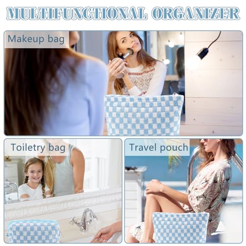 ZLFSRQ 3Pcs Checkered Makeup Bag for Women Large Small Checkered Cosmetic Bag Set Aesthetic Preppy Pencil Case Cute Pencil Pouch Blue Makeup Pouch for Purse Travel Toiletry Bags Zipper Skincare Bags - color: B-Checkered 3Pcs Mix Blue