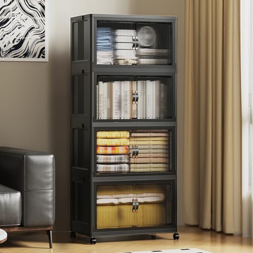 SAILUN 260Qt Stackable Storage Bins Folding Collapsible Storage Bins with Lid, Closet Organizers and Storage Box with Door Black 22" W x 13" D x 50" H - color: Black, size: 1 Lid 4 Pack-22" W x 13" D x 50" H
