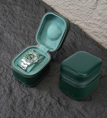 Watch Travel Box, Real Genuine Leather Single Watch Roll Case for Man and Women Watch Packing Storage Organizer with Suede to Protection Zipper Fit All Watches Up to 60mm (1W-Z-GRR) - color: 1W-Z-GRR