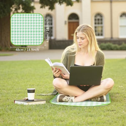 TENOC Small Picnic Blanket 1 Pack for Hiking & Camping, Ultra-Light Foldable Sit Pad for One Person, Waterproof Portable Single Seat Mat for Park, Backpacking & Stadium, Green Grid, 19"x19"