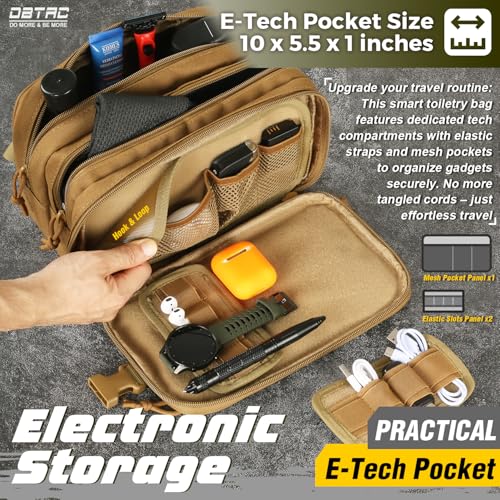 DBTAC Tactical Toiletry Bag w/Electronic Organizer Compartment | Dry/Wet Separate Hygiene Bag, Expanded Travel Dopp Kit Shaving Kit Travel shower Bag for Men (Brown) - color: Elite Brown