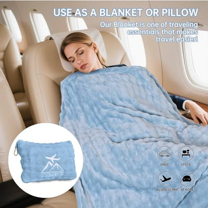 Travel Blanket and Pillow-2-in-1, Ultra-Soft&Compact, Airplane Blanket with Hand Luggage Belt and Backpack Clip,Travelers Accessories Gifts, 61x43 Inches（Blue） - color: Blue