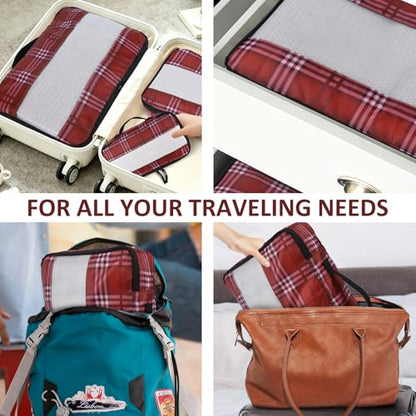 U+U 5 Set Packing Cubes for Travel Essentials Ultralight Luggage Packing Organizers with Laundry Bag and Shoe Bag for Vacation, Business Trip and Camping (Burgundy Checkered) - color: Burgundy Checkered