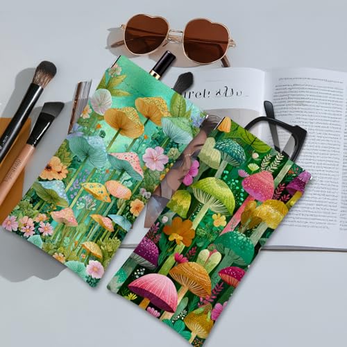 Eyeglasses Sunglasses Case PU Soft Squeeze Top Glasses Pouch for Women Student,Floral Pattern Portable Anti Scratch - color: Green-mushroom01
