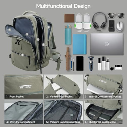 Vacuum Compression Backpack, Carry-On Size Travel Backpack with Vacuum System and Pump, Expands to 55L Packing Capacity, Fits 17” Laptop & 5–7 Days of Clothes, Water-Resistant Compression Backpack - color: Greenish Gray, size: 55L