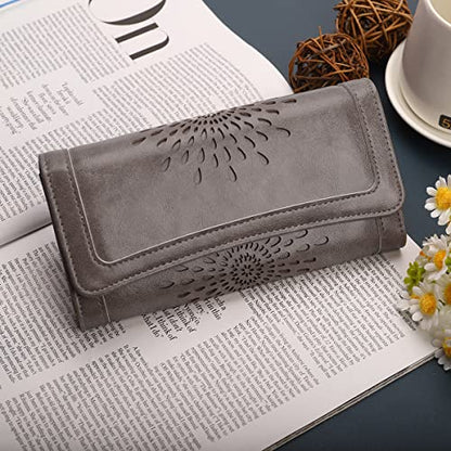 APHISON Womens Wallets RFID Blocking Leather Clutch Long Wallet for Women Card Holder Phone Organizer Ladies Travel Purse Hollow Out Sunflower Design Gift - color: dark-gray