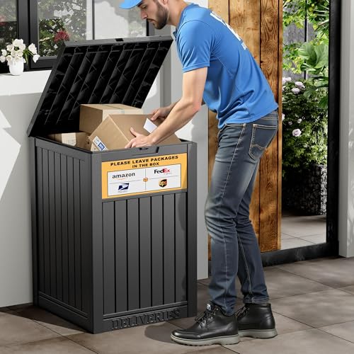 Package Delivery Box for Outside with Sign, Secure Lockable Waterproof Package Delivery Container, Resin Deck Box for Porch & Garden, Classic Black - color: 021 Classic Black