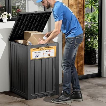 Package Delivery Box for Outside with Sign, Secure Lockable Waterproof Package Delivery Container, Resin Deck Box for Porch & Garden, Classic Black - color: 021 Classic Black