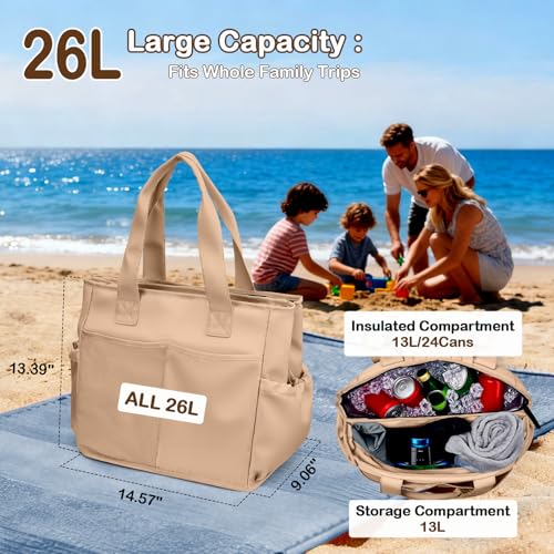 Odoland Soft Cooler Bag - Leakproof & Insulated, 2-in-1 Collapsible Design, Dry/Wet Separation, Large Soft Sided Cooler with Multi-Pocket Design for Beach, Picnic, Camping, Day Trip, Family Size - color: Khaki
