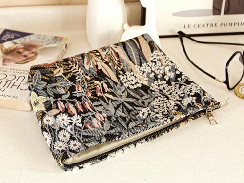 HAPPYHEIDI Cute Floral Makeup Bag Cosmetic Travel Pouch with Bottom and Zipper, Purse Make Up Organizer, Aesthetic Textured Fabric, Large - color: Classic Black Floral Large