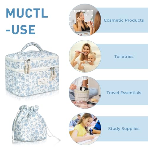 Gosect Makeup Bag, 2pc Quilted Cosmetic Bag Set, Drawstring Makeup Bag with Canvas Lining + Large Floral Toiletry Bag for Women Girls, Cute Cotton Flower Travel Organizer Bag (Blue Flowers - color: Blue Pattern