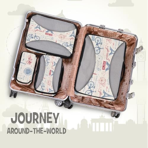 Vintage French Pattern Compression Packing Cubes for Travel Luggage Suitcase Packing Organizers Bags Carry On Lightweight 4 Set