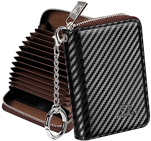 FurArt Zipper Wallet Women, RFID Blocking Credit Card Wallet, Business Card Holder, Compact Size KeyChain Wallet - color: Carbon Fiber Black