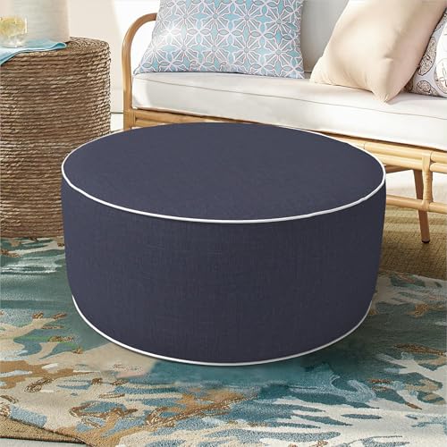 DYTXIII Inflatable Ottoman Stool D21 xH9 for Outdoor/Indoor Use, Water Repellent Patio Foot Rest Stool with Portable Handle,Round Pouf Ottoman Suitable for Garden,Deck and Camping - Textured Navy - color: Textured Navy, size: 21"D x 21"W x 9"H