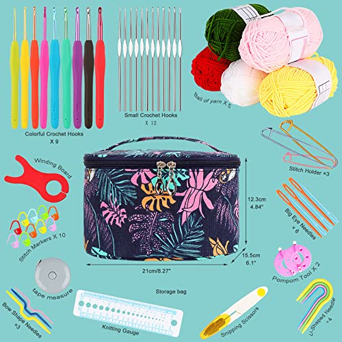 Aeelike Crochet Kit for Beginners Adults, Full Crochet Starter Set with Yarn, Include 9pcs Ergonomic Crochet Hooks 2.0-6.0 mm, 12pcs Lace Crochet Hooks 0.6-1.9 mm, Portable Crochet Hook Set with Case - color: blue leaves