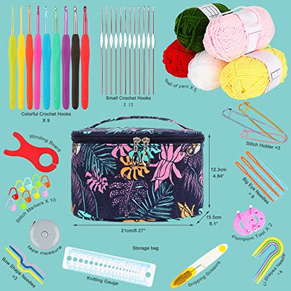 Aeelike Crochet Kit for Beginners Adults, Full Crochet Starter Set with Yarn, Include 9pcs Ergonomic Crochet Hooks 2.0-6.0 mm, 12pcs Lace Crochet Hooks 0.6-1.9 mm, Portable Crochet Hook Set with Case - color: blue leaves