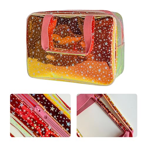 Holographic Brown Clear Star Large Cosmetic Bag and TPU Travel Pouch with Handle,Durable Material,Zipper Design-Ideal for Makeup,Travel Essentials 11.81x5.12x8.27inch (Brown) - color: Red