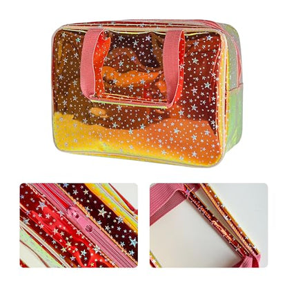 Holographic Brown Clear Star Large Cosmetic Bag and TPU Travel Pouch with Handle,Durable Material,Zipper Design-Ideal for Makeup,Travel Essentials 11.81x5.12x8.27inch (Brown) - color: Red