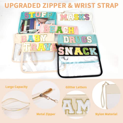 Iqimott Chenille Clear Letter Mama Bag Flat Pouch, Monogram Glitter Letter Patch Makeup Cosmetic Bag Zipper Toiletry Pouch, Portable Travel Beach Snack Wristlet Bags for Women Girls(Mama, Beige) - color: Mama-Beige