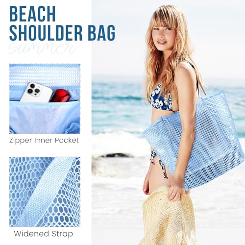 HOHOM Beach Bags for Women, Summer Travel Mesh Tote Bag with Large Inner Pocket, Sandproof Woven Shoulder Handbag - color: Harbor Blue