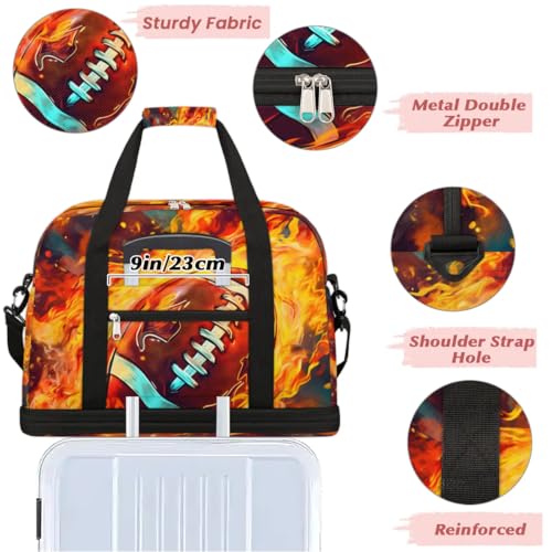 Travel Duffel Bag Football Fire Weekender Bag with Shoe Compartment Foldable Overnight Bags for Travel Sports Lightweight Gym Bags for Men Women - color: Football Fire
