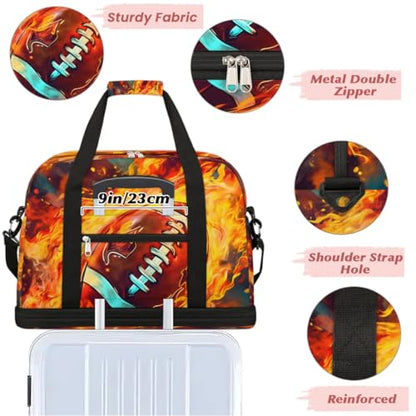 Travel Duffel Bag Football Fire Weekender Bag with Shoe Compartment Foldable Overnight Bags for Travel Sports Lightweight Gym Bags for Men Women - color: Football Fire