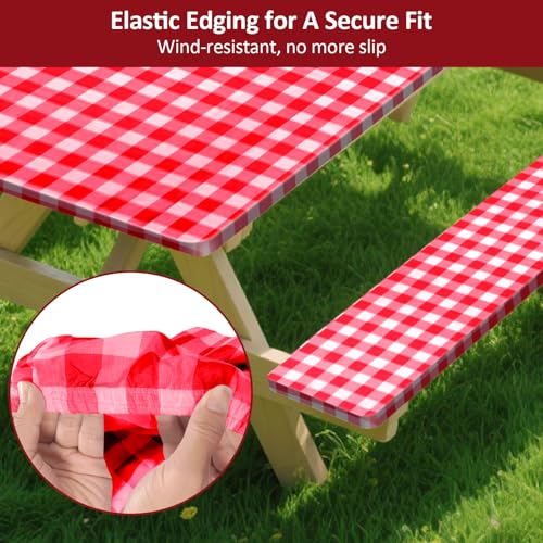 7ft Picnic Table and Bench Cover, Camping Essentials RV Gear, 84 in Waterproof Windproof Outdoor Elastic All Around Tablecloth, Fitted Rectangle Tables and Seats, Red-White Checkered - color: Red-white Checkered, size: 84"