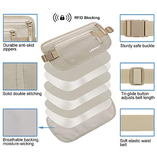 Money Belt for Travel Women and Men Slim Hidden Travel Wallet with RFID Blocking - color: Cream