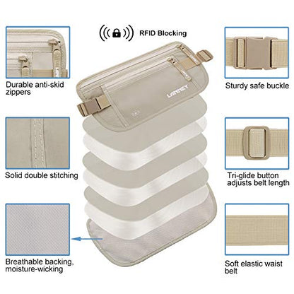 Money Belt for Travel Women and Men Slim Hidden Travel Wallet with RFID Blocking - color: Cream