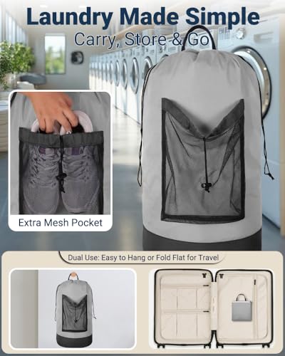 Laundry Bag with Shoulder Straps and Mesh Pocket Laundry Backpack Large Portable Laundry Hamper for College Laundromat Apartment - color: Light Gray & Dark Gray