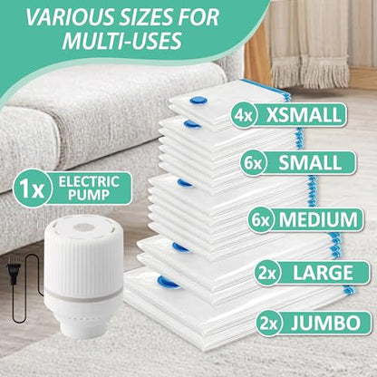 Cozy Essential 20 Pack Vacuum Storage Bags with Electric Pump, Vacuum Seal Bags for Clothing, Pillows, Blanket Bedding Comforters